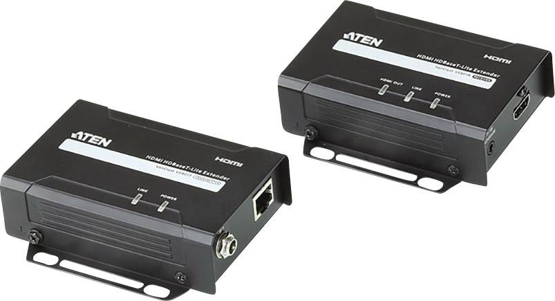 Zwei schwarze HDMI-Distanzgeräte mit Aufschrift 'HDMI HDBaseT Lite Extender', verbunden über Netzwerkkabel, für Videoübertragung.