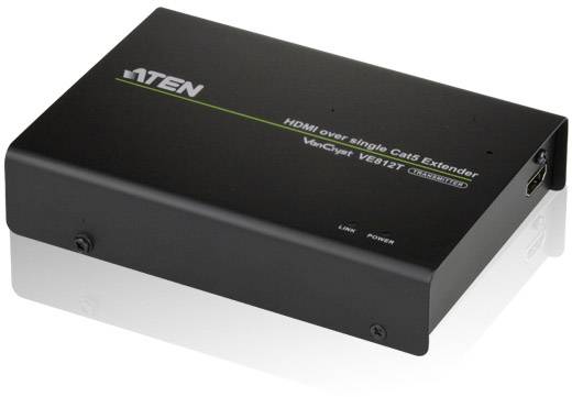Schwarzes ATEN HDMI-Extender-Gerät, Modell VE812R. Konzipiert zur Übertragung von HDMI über Cat5e/6, mit Link- und Power-Anzeigen.