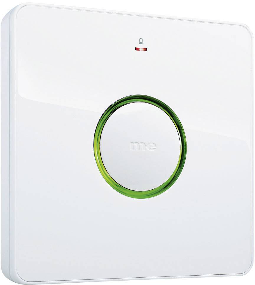 Ein quadratischer, weißer Thermostat mit einem zentralen, kreisförmigen Display und grünem Rand an der Wand angebracht.