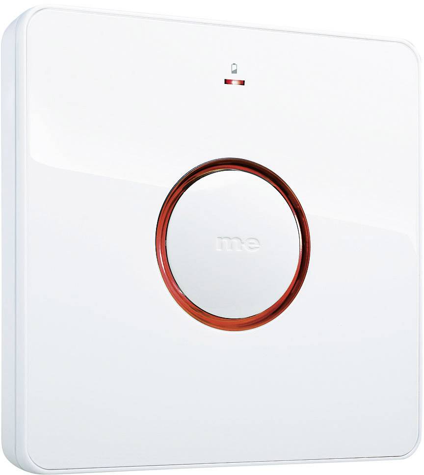 Weiße Smart-Home-Steuereinheit mit rundem, rot umrandetem Knopf und der Aufschrift 'me' in der Mitte.