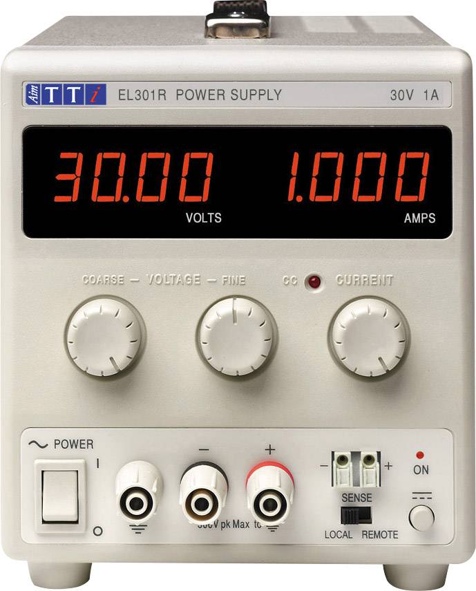 Elektronisches Labornetzgerät mit Anzeige '30.00 VOLTS' und '1.000 AMPS', Regler für Spannung und Stromstärke, Anschlüsse unten.