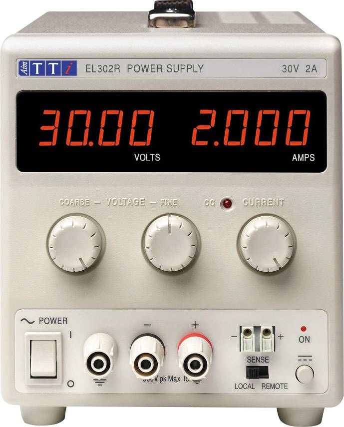 Labornetzgerät mit digitalem Display zeigt '30.00 V' und '2.000 A'. Drehknöpfe für Spannung und Stromstärke, Ein-/Ausschalter, Klemmen unten.