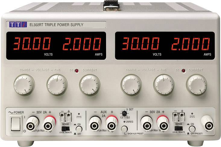 Doppelte Netzteilanzeige mit roten LED-Anzeigen, zeigt vier Messwerte: 30,00 Volt und 2,000 Ampere, mit mehreren Regelknöpfen.