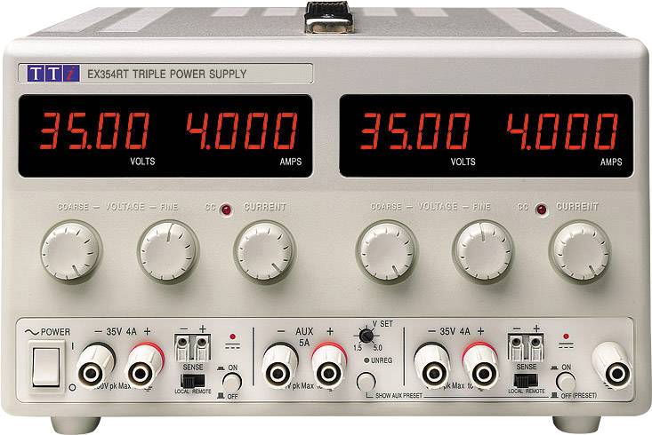 Netzgerät mit zwei digitalen Displays zeigt '35.00' Volt und '4.00' Ampere. Enthält Drehregler und Anschlüsse.