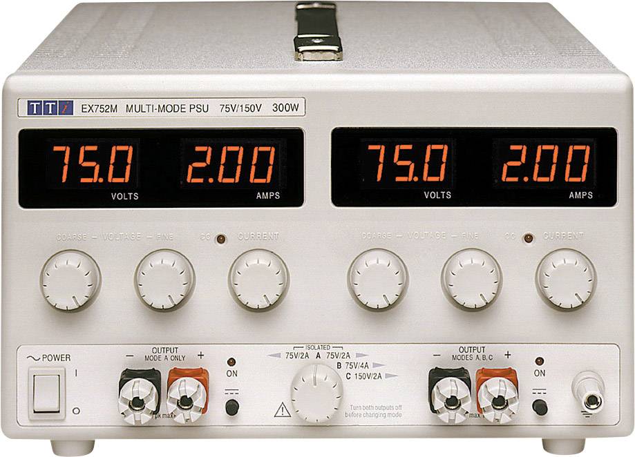 Labor-Stromversorgungseinheit mit digitaler Anzeige. Zeigt 75,0 Volt und 2,00 Ampere an. Steuerknöpfe unten zur Spannungseinstellung.