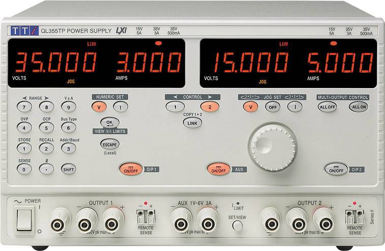 Labornetzgerät mit digitaler Anzeige zeigt drei Spannungen: 35.000, 3.000 und 15.000 Volt. Benutzeroberfläche mit mehreren Tasten.