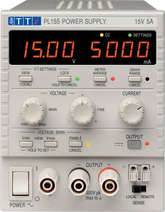 Das Bild zeigt ein Labornetzteil mit einer digitalen Anzeige: '15.00 V' und '5000 mA'. Es hat verschiedene Knöpfe und Anschlüsse.