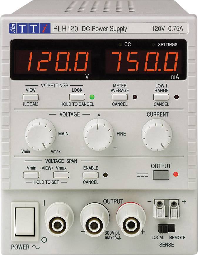 Digitale Labornetzgerät-Anzeige, zeigt 120 V und 750 mA an. Oben Drehregler für Spannung und Strom. Anschlüsse unten.