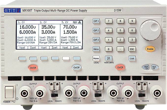 Ein digitales Labornetzgerät mit drei Ausgängen, das Spannungen und Ströme anzeigt: 16V/6A, 35V/4A, 7V/1.5A. Verschiedene Bedienelemente und Anzeigen sichtbar.