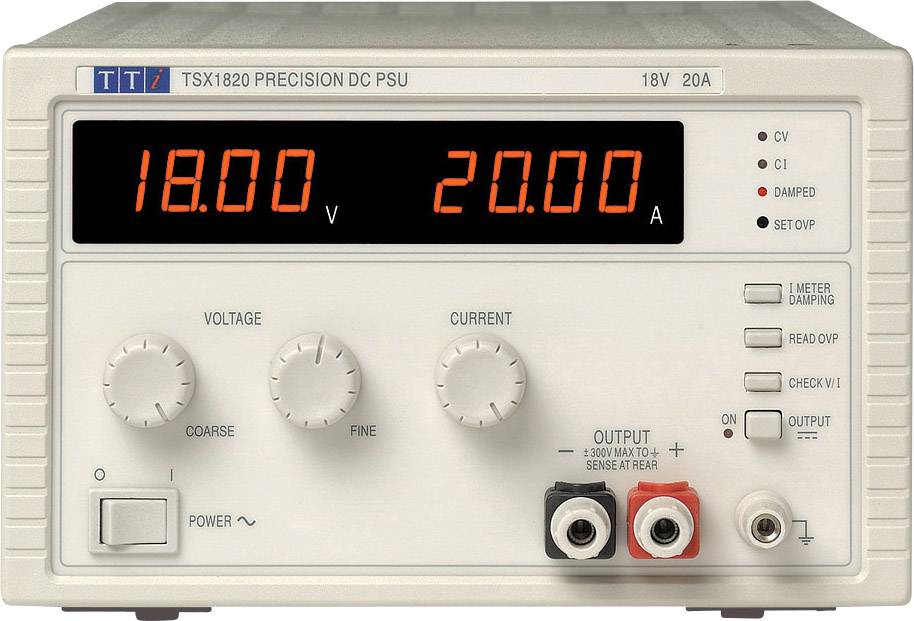 'TSX1820 Precision DC PSU' zeigt Spannung von 18.00V und Stromstärke von 20.00A. Bedienelemente für Spannung und Strom sind vorhanden.