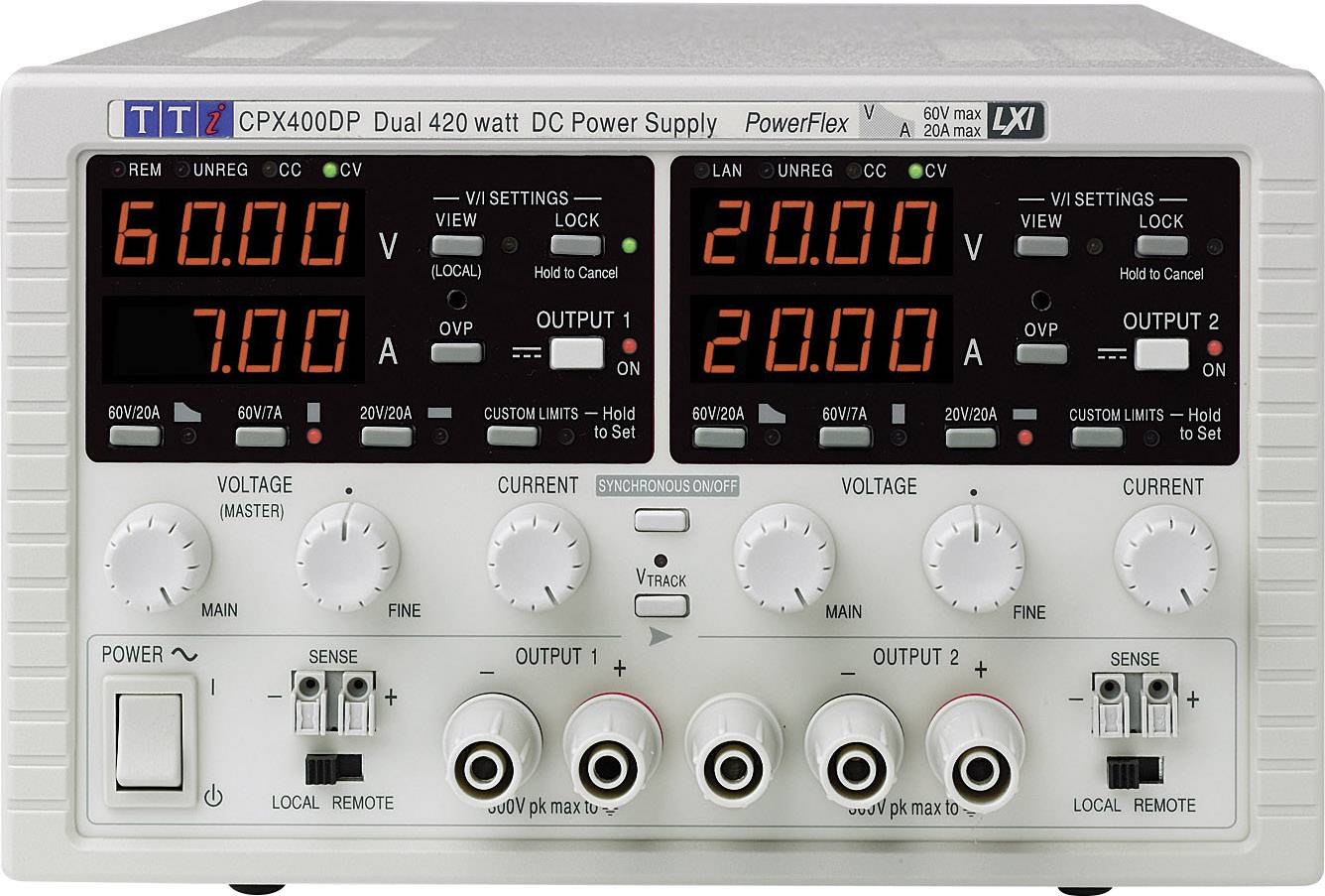 Netzgerät mit zwei Displays zeigt '60.0V, 7.0A' und '20.0V, 20.0A'. Drehknöpfe für Spannung und Stromstärke, vier Anschlüsse unten.