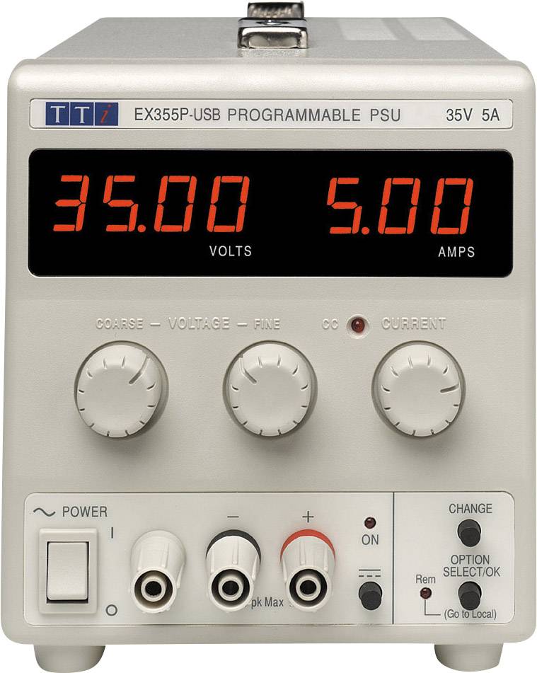 Ein programmierbares Netzteil mit zwei digitalen Anzeigen zeigt 35,00 Volt und 5,00 Ampere. Drehregler für Spannung und Strom sind vorhanden.