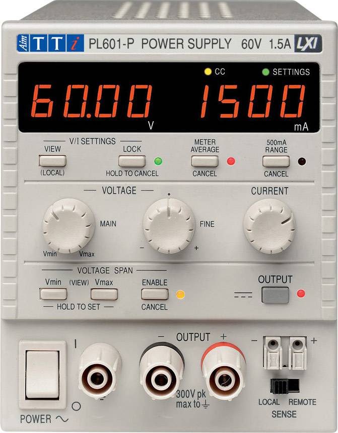 'PL601-P' Netzgerät-Display, zeigt '60.00 V' und '1500 mA'. Regler für Spannung und Strom, Anschlüsse für Ausgänge unten.