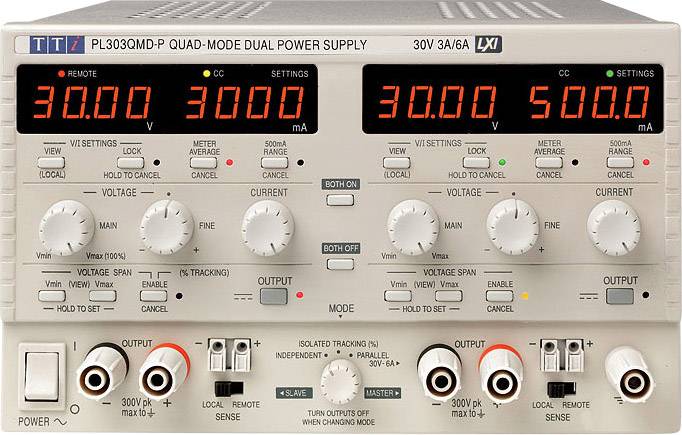 'TTi PL303QMD-P Quad-Mode Dual Power Supply' zeigt digitale Anzeigen mit Spannung und Stromstärke, Tasten zur Einstellung und Anschlüsse.