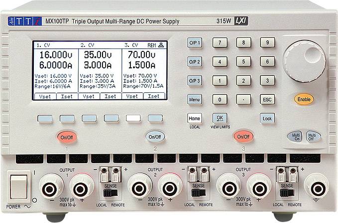 'MX100TP' Netzteil mit drei Ausgängen, jeder schaltbar zwischen verschiedenen Spannungen und Strömen, Anzeige der aktuellen Werte.