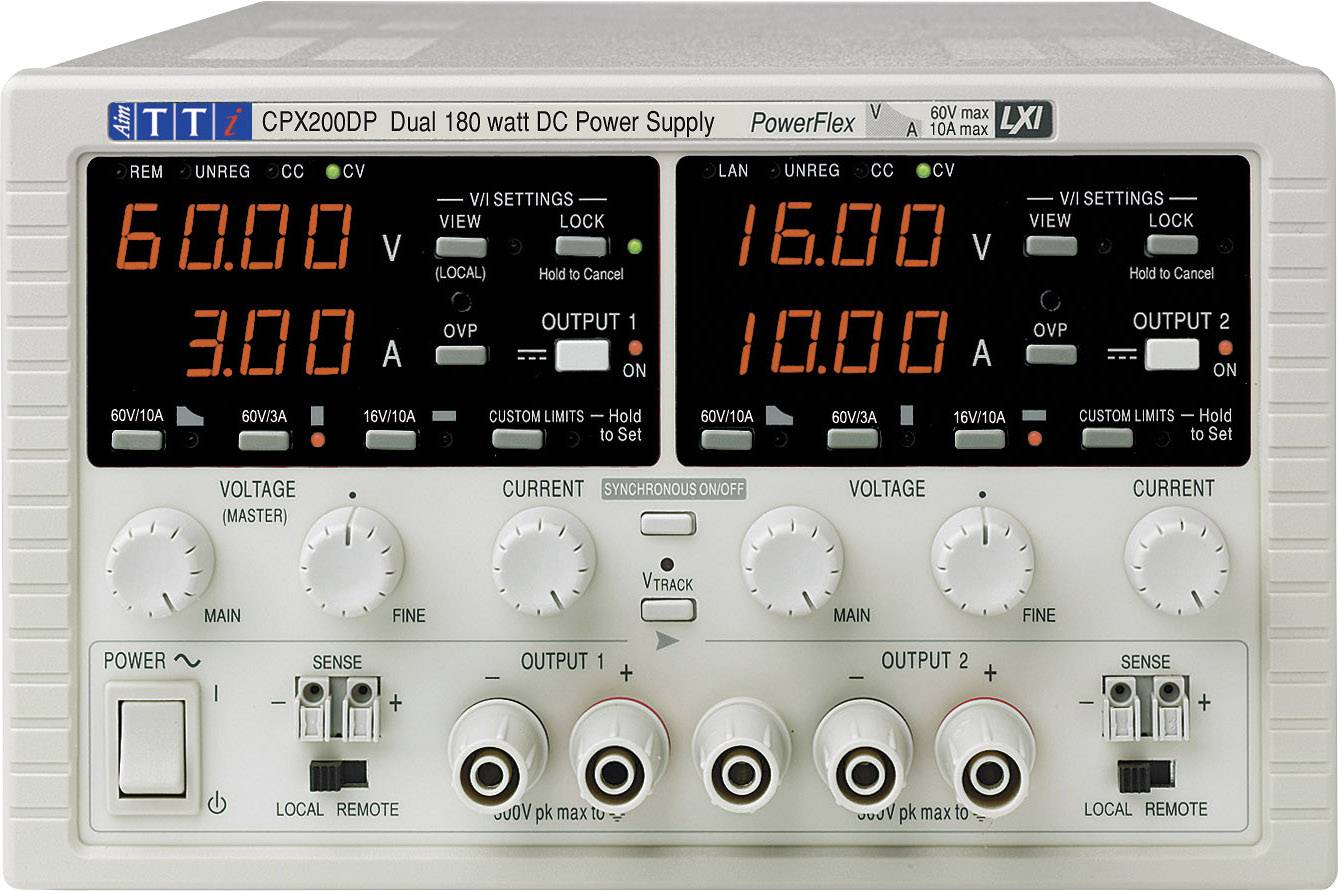 Elektronisches Laborgerät mit zwei digitalen Anzeigen. Linke Anzeige zeigt 60V, 3A; rechte Anzeige zeigt 16V, 10A.