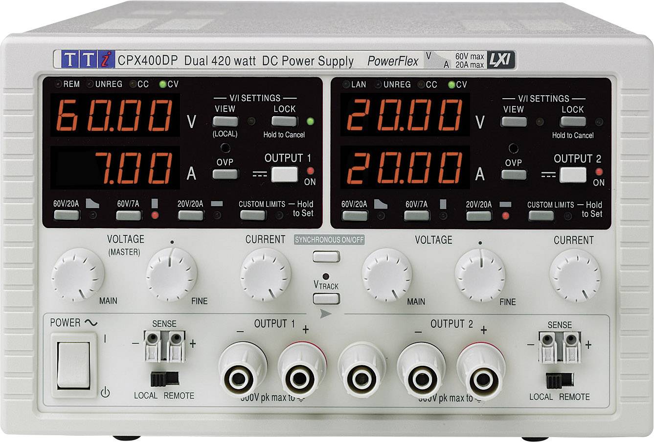'CPX400DP Dual 420 Watt DC Power Supply' mit zwei digitalen Anzeigen, die Spannung und Strom für zwei Ausgänge zeigen. Links: 60V, 7A. Rechts: 20V, 20A. Mehrere Regler und Anschlussbuchsen unten.