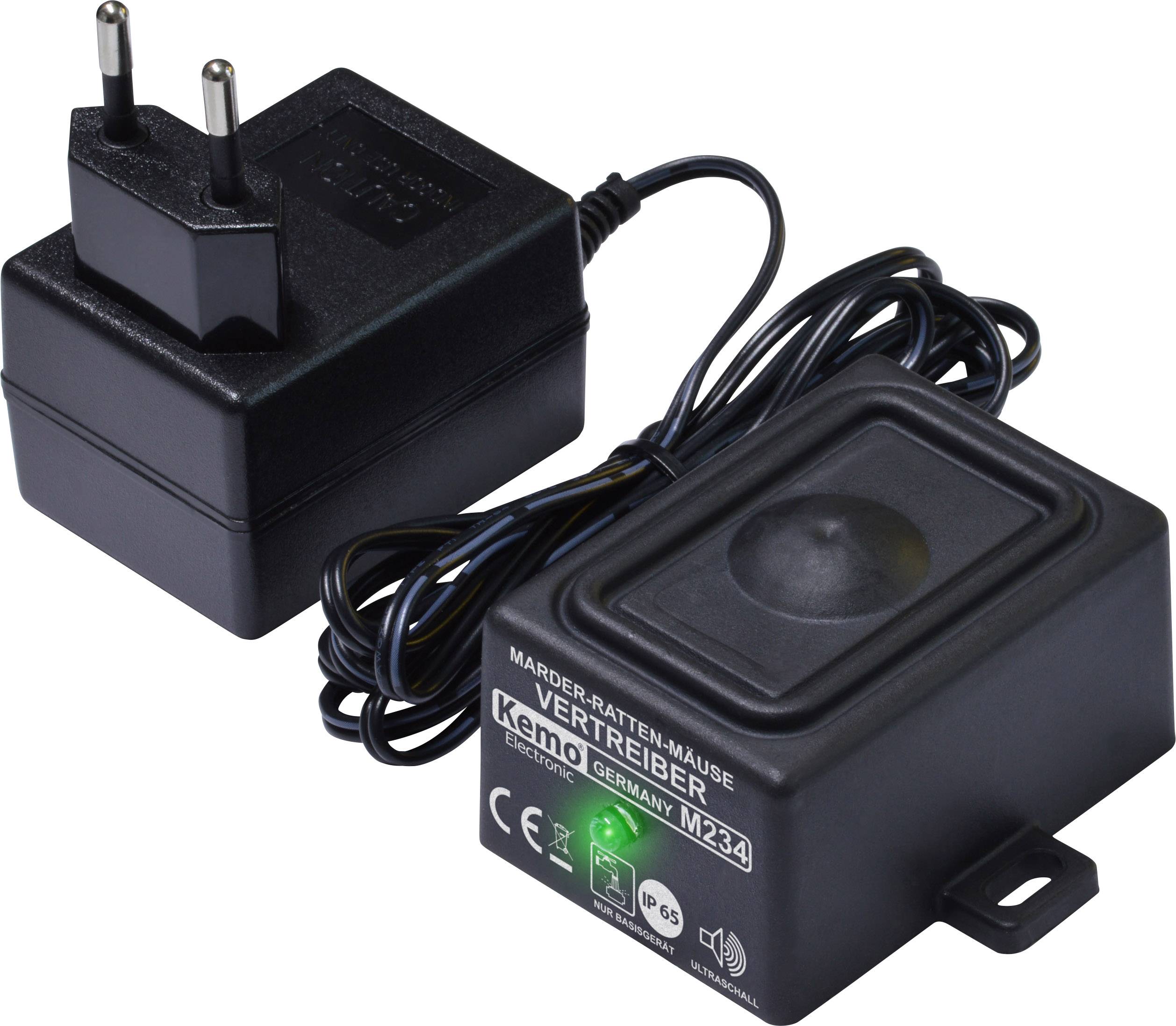 'Kemo Marder-Ratten-Mäuse Vertreiber', ein elektrisches Gerät mit Netzteil zur Abwehr von Nagetieren. Schwarzes Gehäuse, grünes Licht.