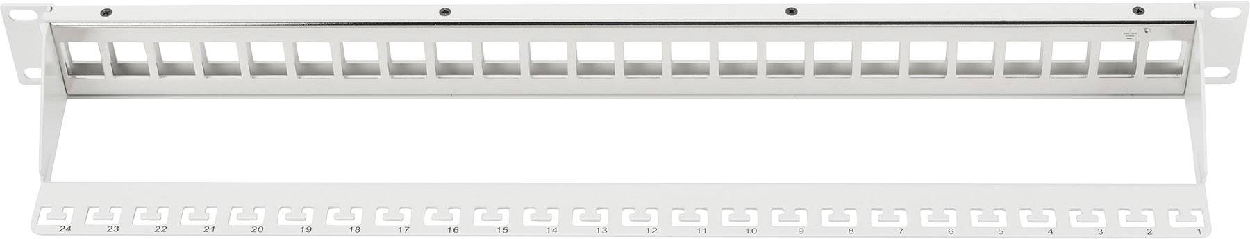 Leeres Patchpanel mit 24 Ports zur Montage in einem Netzwerk-Rack, geeignet für Kabelverwaltung und Organisation in IT-Umgebungen.