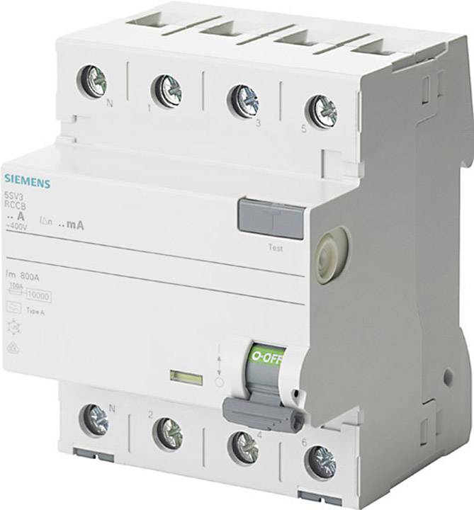 Ein weißer FI-Schutzschalter mit der Aufschrift 'Siemens'. Er hat vier Schraubanschlüsse oben und unten zum Anschluss elektrischer Leitungen.