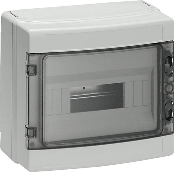 Grau-weißes Gehäuse mit transparentem Frontdeckel, geeignet zur Installation von Schalttafeln oder elektrischen Komponenten.
