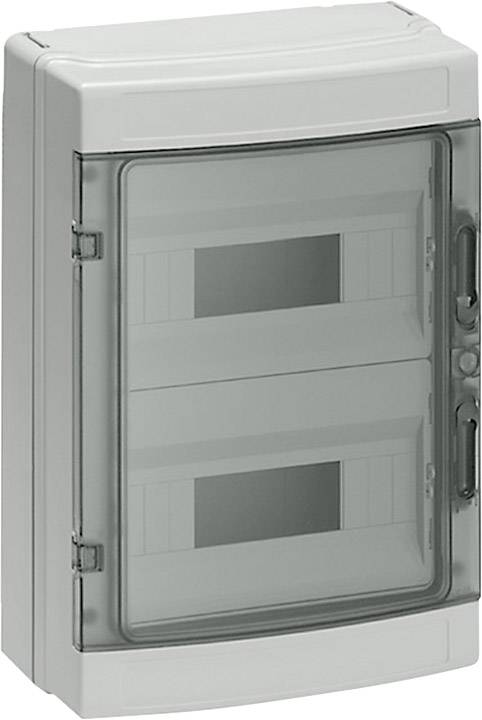 Grauer Verteilerkasten mit transparentem Deckel und zwei horizontalen Reihen für elektrische Geräte, montierbar an Wandflächen.
