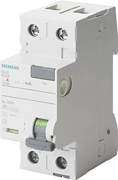 Ein zweipoliger FI-Schutzschalter von Siemens mit Testtaste, N- und L-Anschluss, Nennstrom von 500A, montierbar in Schaltkästen.