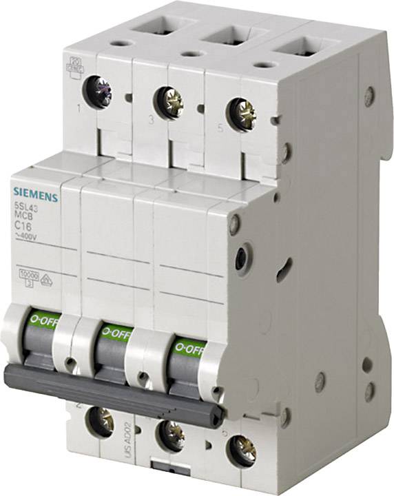 'Dreipoliger Sicherungsautomat der Marke Siemens, Modell 5SL4, mit grünen 'OFF'-Markierungen, C16, eignet sich für 400V Stromkreise.'