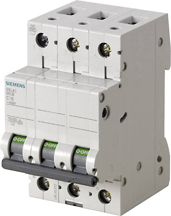 'Siemens MCB C16' dreipoliger Schutzschalter, verwendet für elektrische Überlast- und Kurzschlusssicherung, zeigt die Aufschrift 