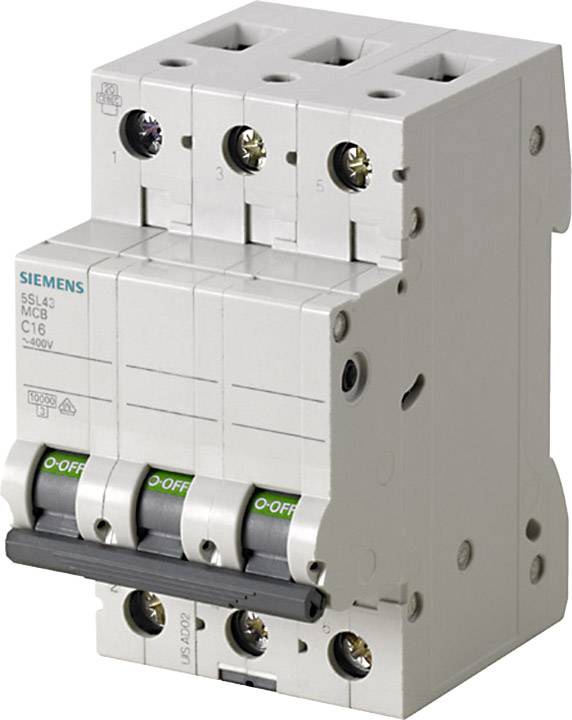 Ein dreipoliger Siemens-Leistungsschutzschalter mit der Aufschrift 'ON' und 'OFF', geeignet für 400V und 16A, in neutraler Farbtönung.