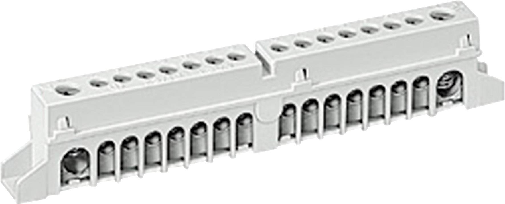 Zwei graue elektrische Klemmblöcke mit mehreren Anschlusspunkten. Sie dienen zur sicheren Verbindung von elektrischen Leitungen.