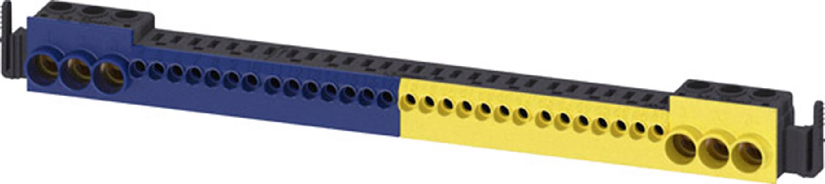 Ein Lego-Technic-Bauteil in Schwarz, Blau und Gelb mit runden Löchern.