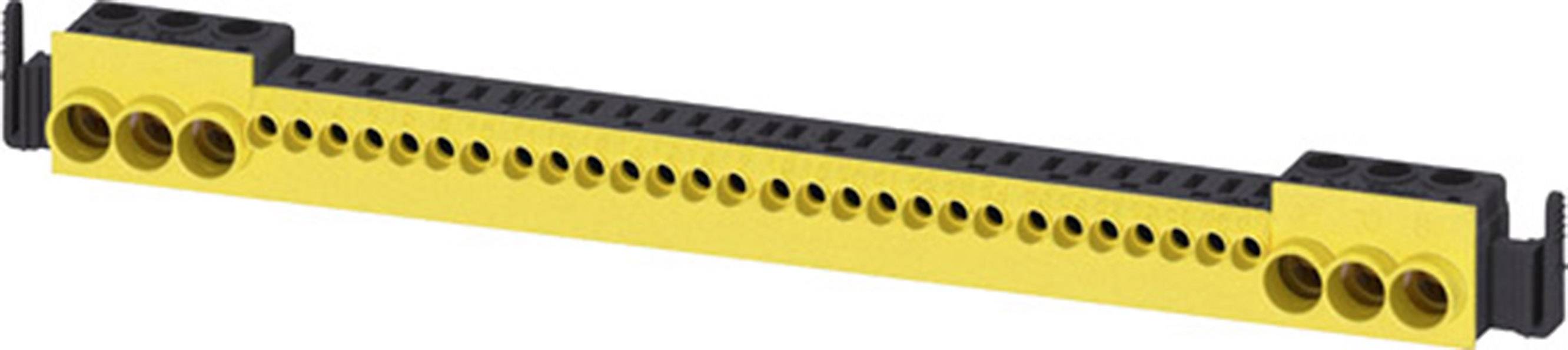 Ein gelbes Lego-Technik-Bauteil mit mehreren runden Verbindungspunkten und einem schwarzen Einsatz in der Mitte.