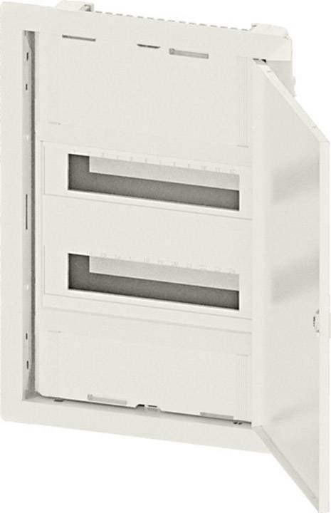 Ein offener, weißer Verteilerkasten mit zwei horizontalen Schienen zur Montage elektrischer Komponenten, Tür offen.