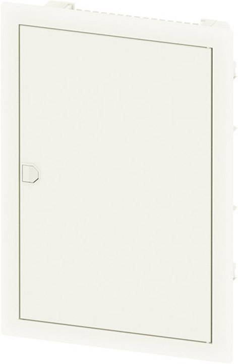 Weiße Wandverteilerdose mit geschlossenem Deckel, rechteckige Form und leicht zugänglichem Verschluss an der linken Seite.