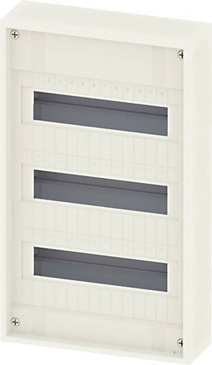 Weiße, leere Sicherungsbox mit drei horizontalen Reihen für Sicherungen, Wandmontage.
