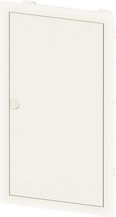 Weiße, rechteckige, geschlossene Schranktür mit kleinem, quadratischem Griff auf der linken Seite.