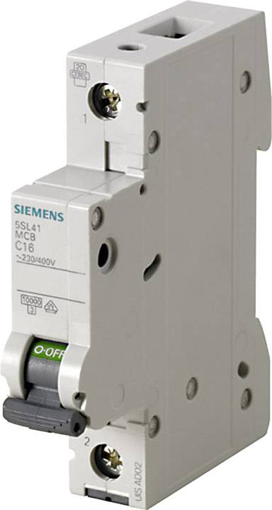 Ein grauer Leistungsschutzschalter von Siemens mit grünem 'O'-Schalter, Modellnummer '5SL41'. Geeignet für 230/400V Systeme.