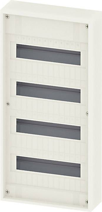 Leerer, weißer Sicherungskasten in rechteckiger Form mit vier horizontalen Schienen für Schaltgeräte oder Sicherungen.