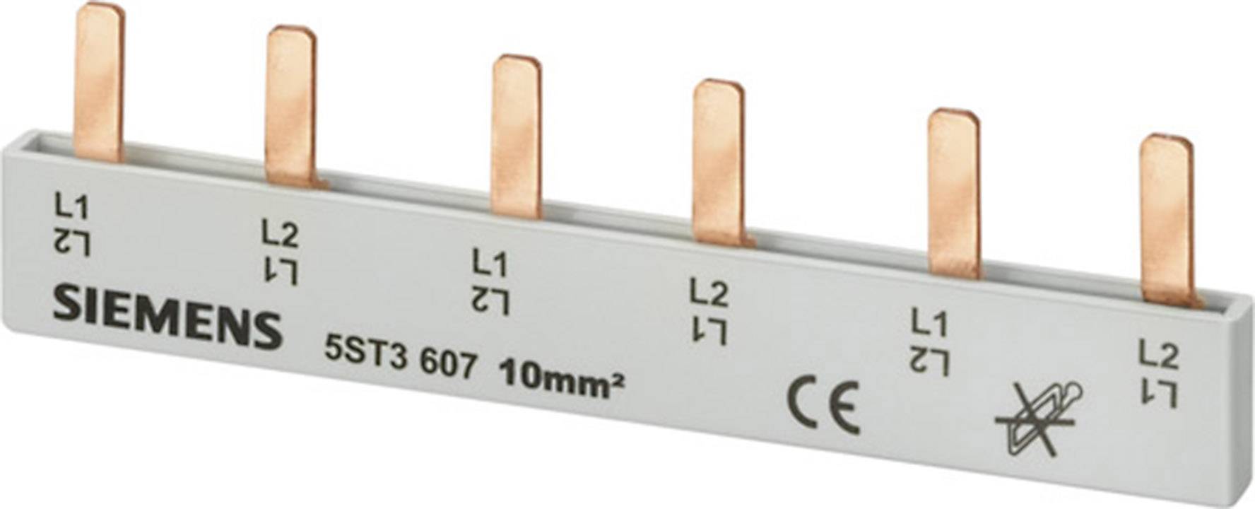 Ein grauer Siemens-Sammelsteckverbinder mit sechs Kupferstiften für elektrische Verbindungen, beschriftet mit 'L1' und 'L2'.
