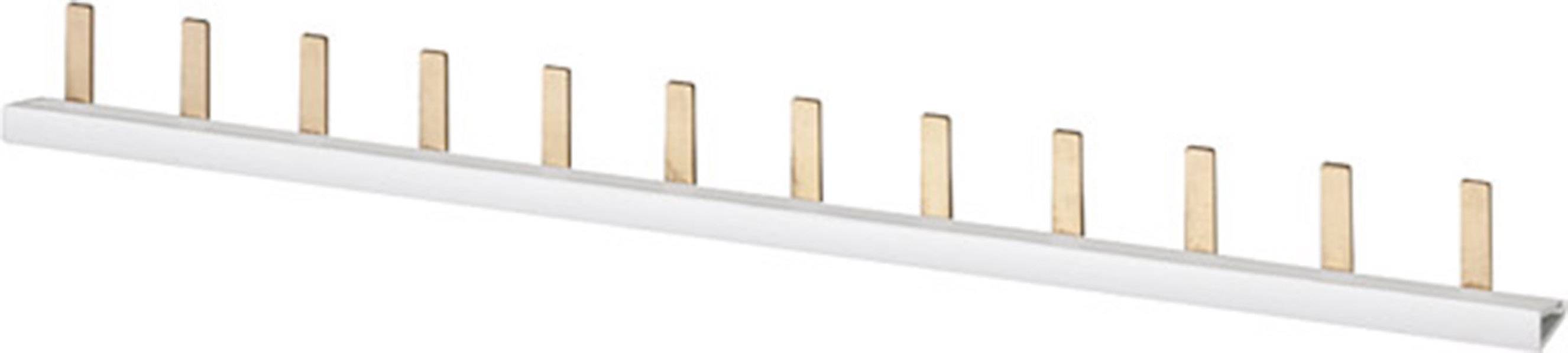 Ein kupferfarbener Phasenschienenverteiler mit zwölf Zinken zur Verteilung von elektrischer Spannung in einer Schalttafel.