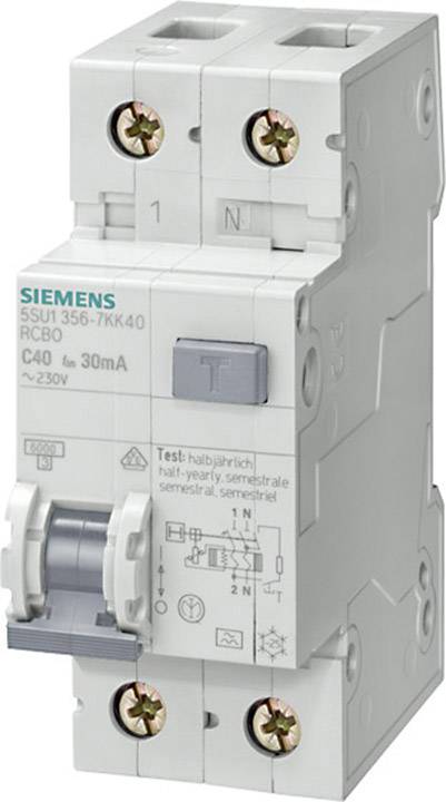 Ein zweipoliger Schutzschalter von Siemens mit Bezeichnung 'SSU1 356-7KK40 RCBO', geeignet für 230V, 40A, 30mA Auslösestrom.