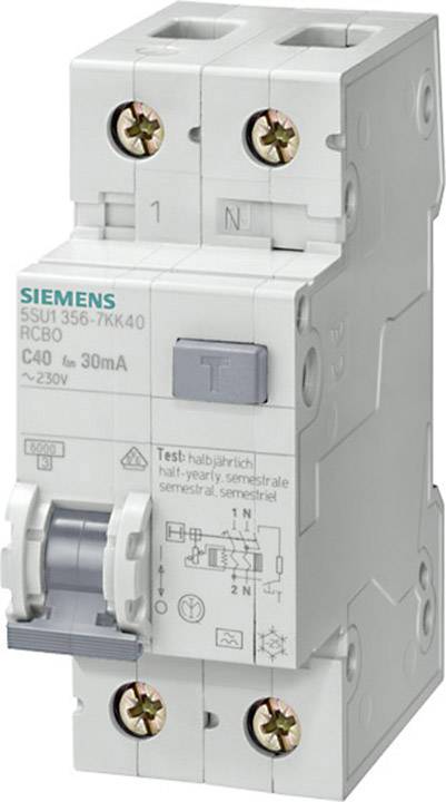 Ein Siemens FI/LS-Schalter mit der Bezeichnung '5SU1 356-7KK40' für Schutz vor Überstrom und Fehlerstrom in elektrischen Anlagen.