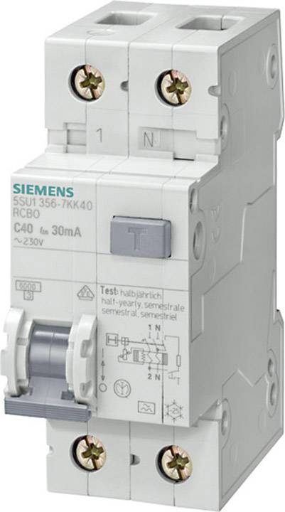 Ein zweipoliger Schutzschalter von Siemens mit der Beschriftung 'C40' und '30mA', geeignet für eine Spannung von 230V.