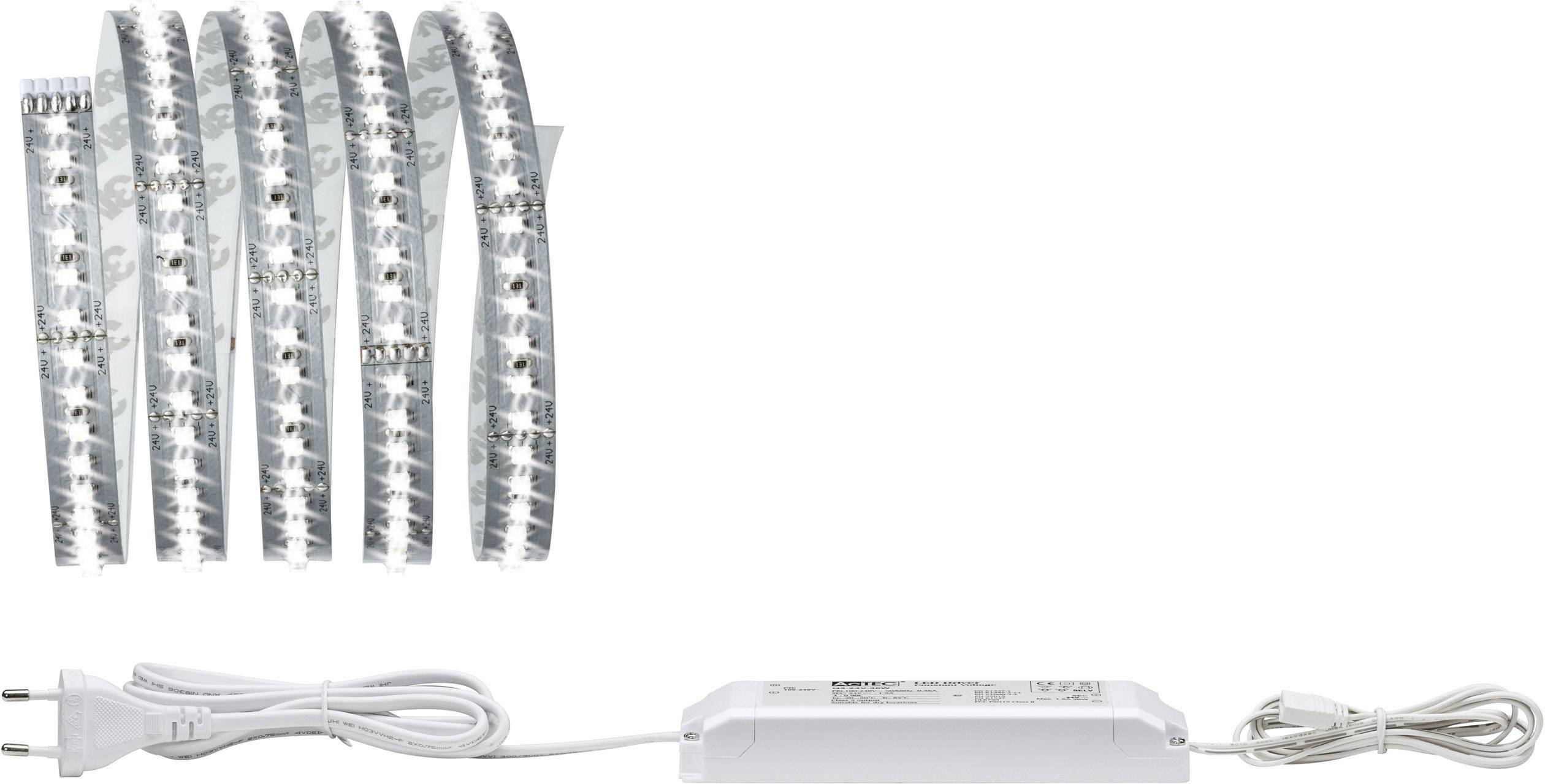 LED-Lichtstreifen mit Netzteil. Der Streifen ist aufgerollt und zeigt weiße LEDs. Netzteil hat ein beigefügtes Stromkabel.