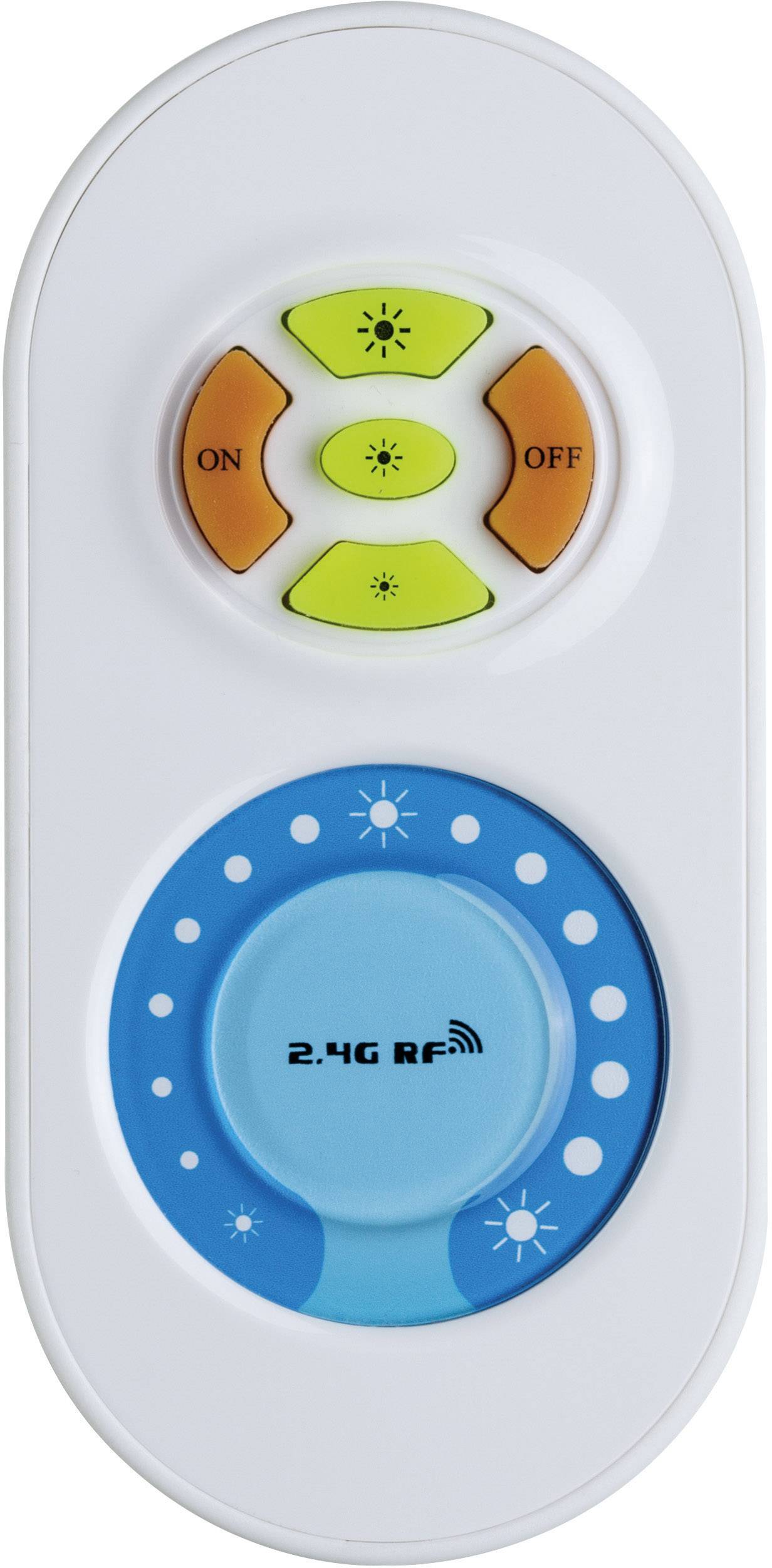 Weiße Fernbedienung mit gelben An-Aus-Tasten und blauem Einstellrad. Text: '2.4G RF'.