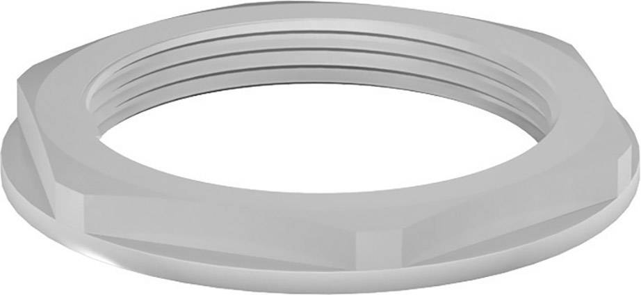 Ein silberfarbener, sechseckiger Sechskantmutternring, von oben gesehen. Er hat innen ein Gewinde zum Verschrauben.