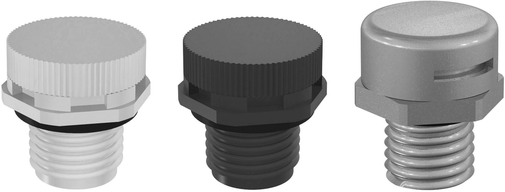 Drei Schraubverschlüsse in verschiedenen Farben und Materialien; von links nach rechts: weiß, dunkelgrau, silber.
