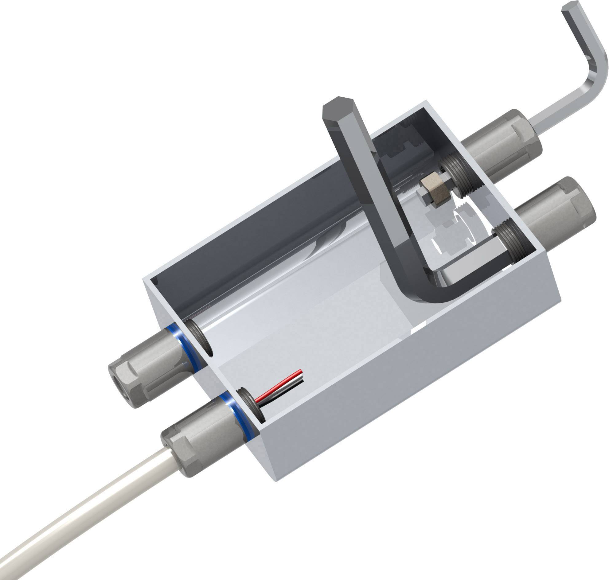 Metallbox mit zwei Kabelverbindungen und Hebelmechanismus, zeigt ein elektrisches oder mechanisches Gerät mit mehreren Anschlüssen.
