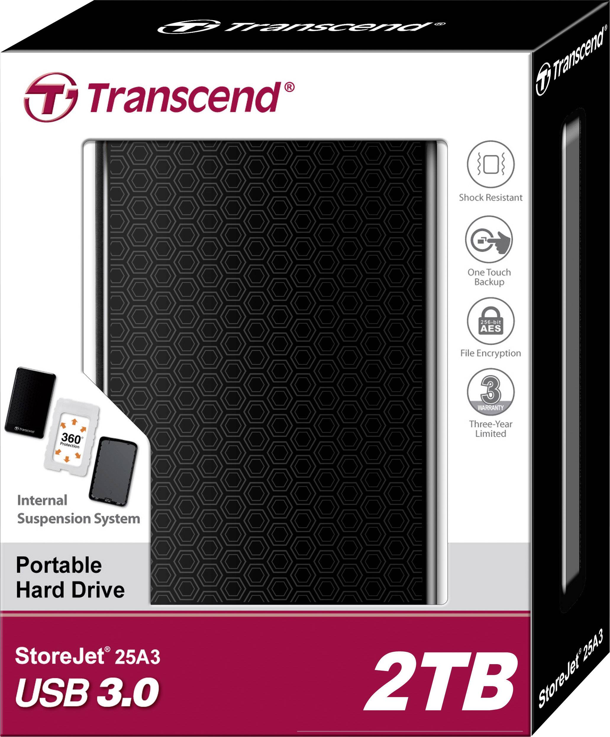 Externe Festplatte Transcend StoreJet 25A3 mit 2 TB Speicherplatz. Merkmale: USB 3.0, Stoßfestigkeit, Ein-Klick-Backup, Datenverschlüsselung.